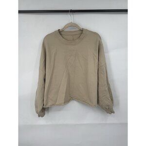 Lululemon La Boxy Crew Neck Top Women 10 Beige Raw Rolled Hem Athleisure‎ Casual